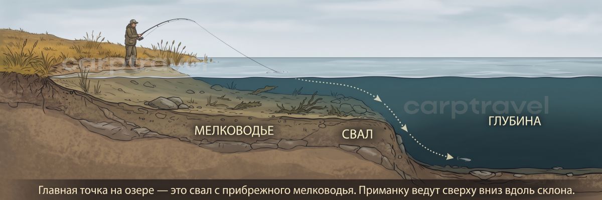 Главная точка на озере — свал от береговой отмели. Приманку ведут сверху вниз по склону Главная точка на озере — свал от береговой отмели. Приманку ведут сверху вниз по склону