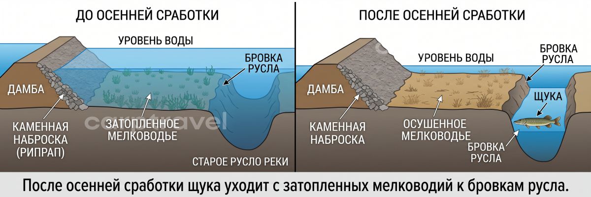 После осенней сработки уровня щука уходит с затопленных отмелей на русловые бровки После осенней сработки уровня щука уходит с затопленных отмелей на русловые бровки