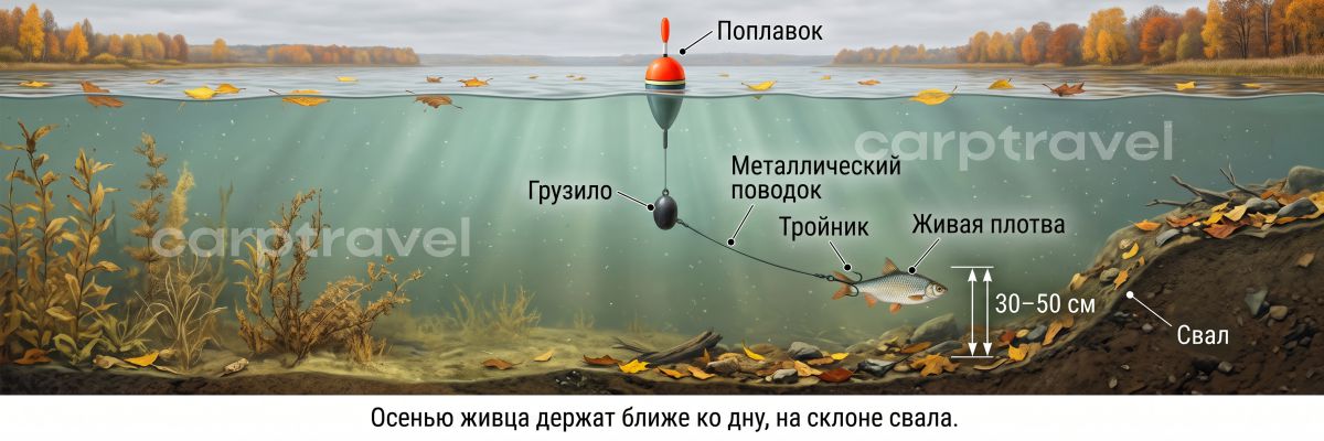Осенью живца держат ближе ко дну, на склоне свала Осенью живца держат ближе ко дну, на склоне свала