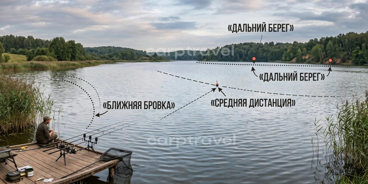 Ловля на разных дистанциях: от заброса к противоположному берегу до точки в 10 метрах Ловля на разных дистанциях: от заброса к противоположному берегу до точки в 10 метрах
