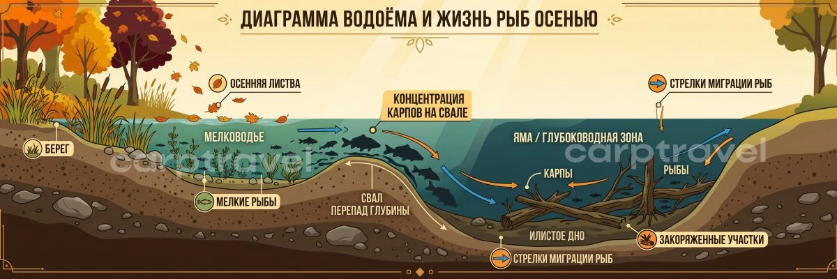 Осенью карп смещается к бровкам и ямам — кормите не саму яму, а ее край Осенью карп смещается к бровкам и ямам — кормите не саму яму, а ее край