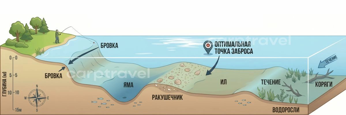 Рельеф дна глазами карпятника: где именно стоит и кормится трофейный карп