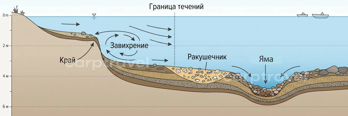 Дистанции ловли летом: ближняя зона у травы, средняя бровка, дальний стол и русловая часть Дистанции ловли летом: ближняя зона у травы, средняя бровка, дальний стол и русловая часть