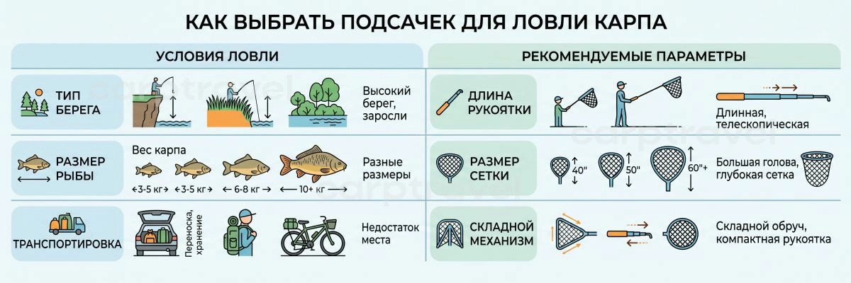 Короткая шпаргалка: подбираем карповый подсак под свои условия Короткая шпаргалка: подбираем карповый подсак под свои условия
