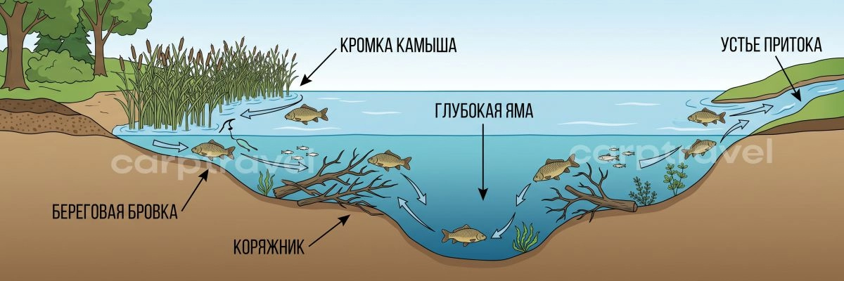 Карта перспективных точек: где искать сазана в июле на дикой реке